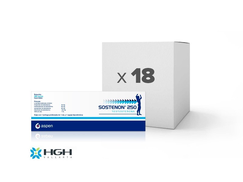 White and blue box of Sostenon 250 with blue arrows pointing at blue persons back with arms raised and x 18 over large box in background with HGH Vallarta logo