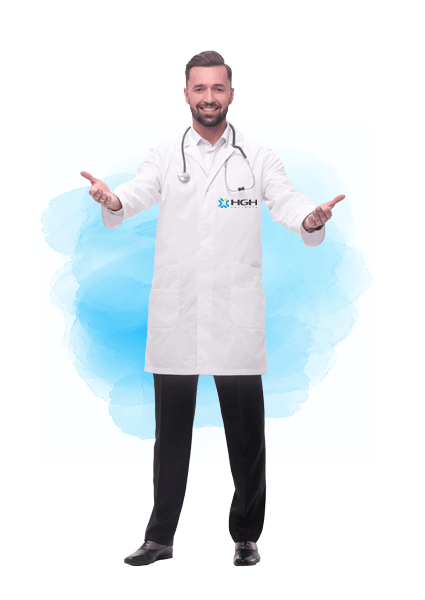 doctor on white and blue background with both arms open
