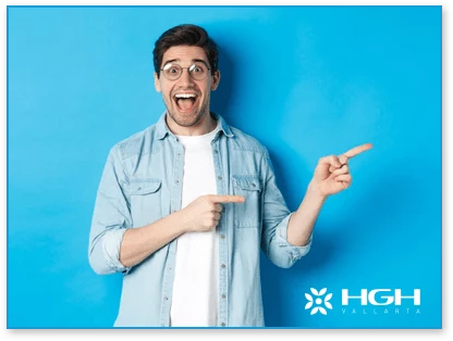 Excited Man Pointing both hands to the right on a blue background