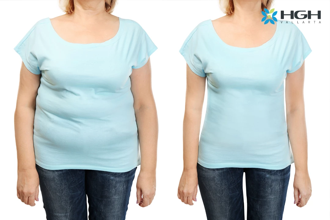 HGH Before and After of woman in blue shirt