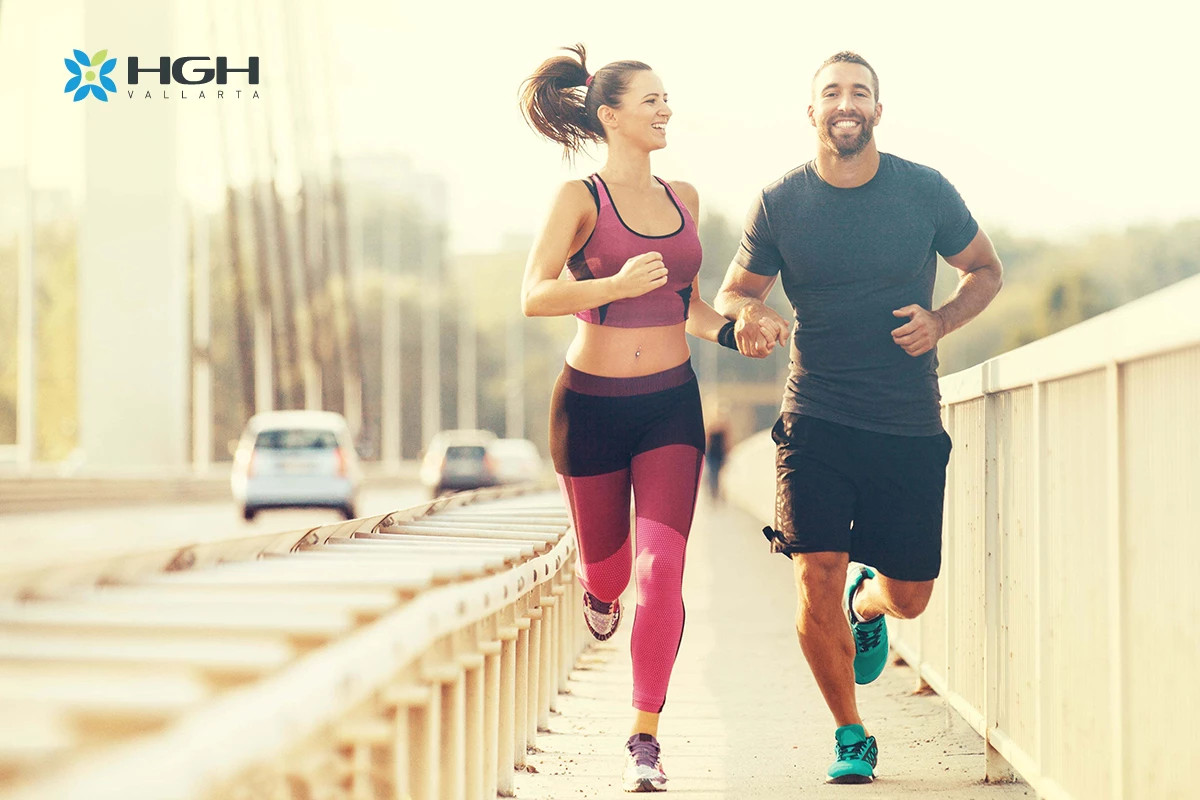 Peak athletic performance for man and woman running - taking hgh injections